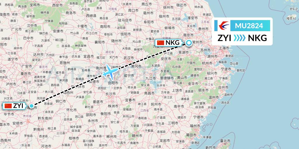 MU2824 China Eastern Airlines Flight Map: Zunyi to Nanjing