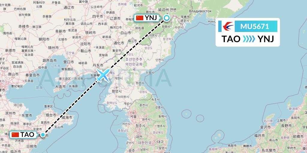 MU5671 China Eastern Airlines Flight Map: Qingdao to Yanji