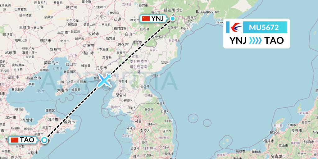 MU5672 China Eastern Airlines Flight Map: Yanji to Qingdao