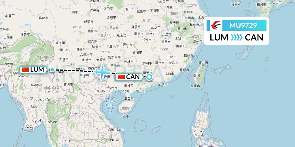 MU9729 China Eastern Airlines Flight Map: Mangshi to Guangzhou