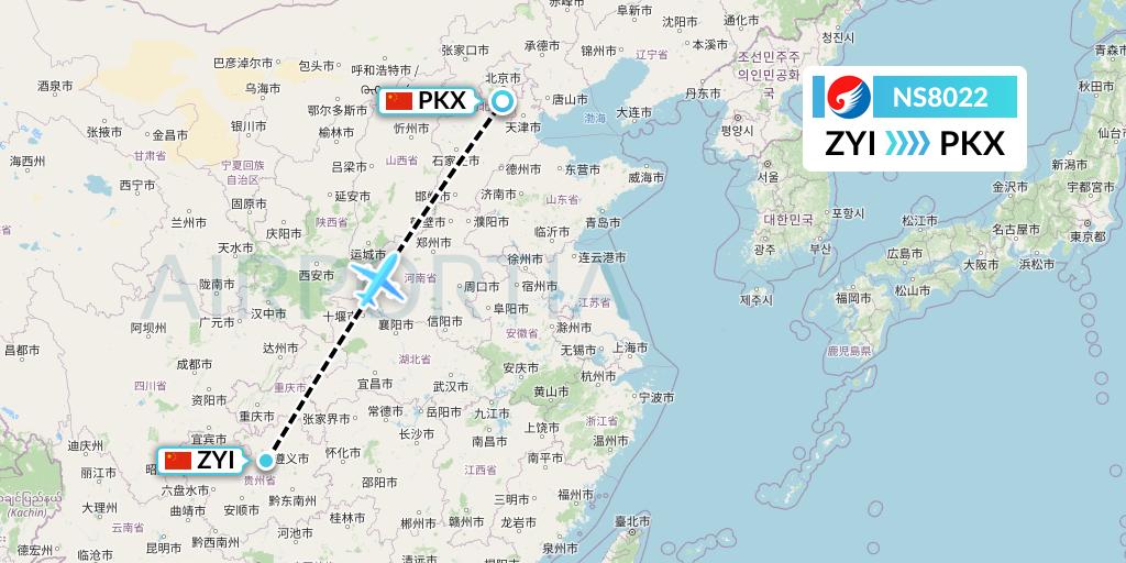 NS8022 Hebei Airlines Flight Map: Zunyi to Beijing