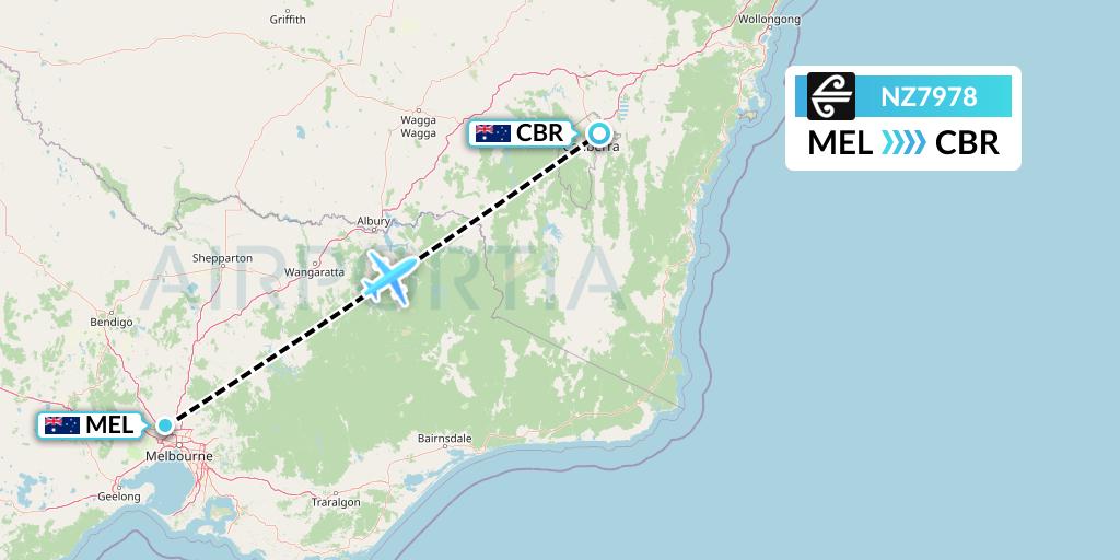 NZ7978 Air New Zealand Flight Map: Melbourne to Canberra