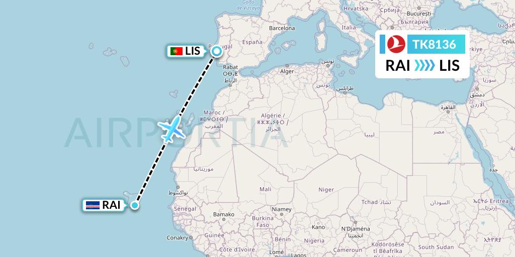 TK8136 Turkish Airlines Flight Map: Praia to Lisbon