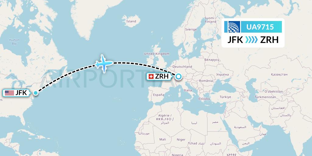 UA9715 United Airlines Flight Map: New York to Zurich