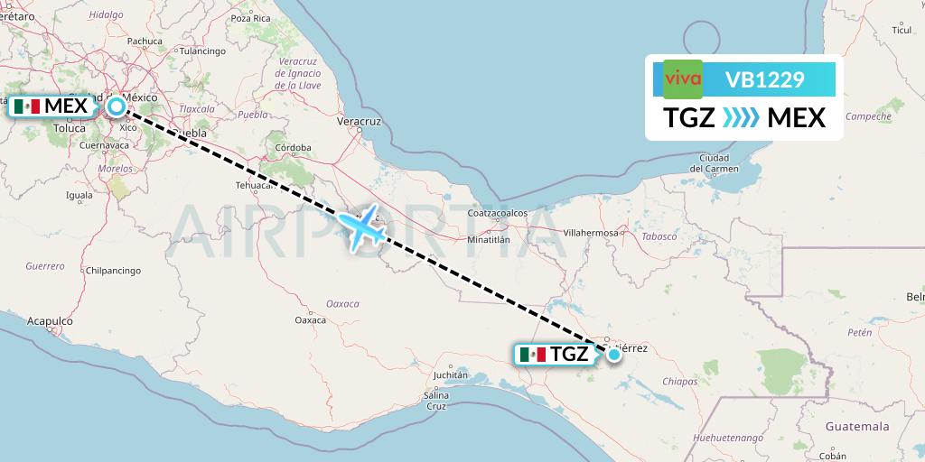 VB1229 VivaAerobus Flight Map: Tuxtla Gutierrez to Mexico City