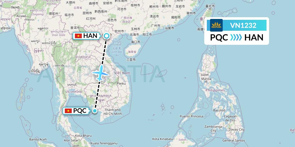 VN1232 Vietnam Airlines Flight Map: Phu Quoc to Hanoi