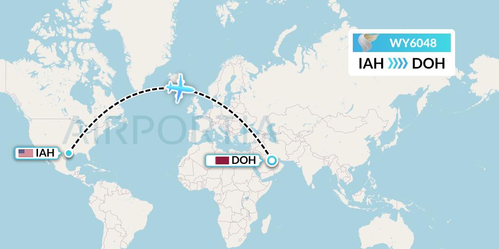 WY6048 Oman Air Flight Map: Houston to Doha