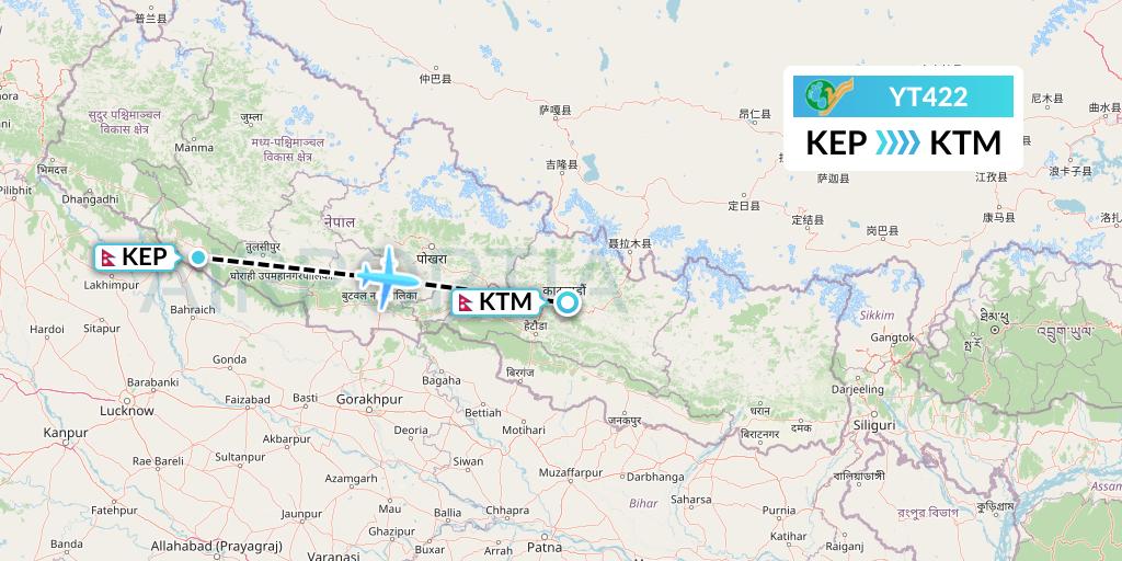 YT422 Yeti Airlines Flight Map: Nepalgunj to Kathmandu