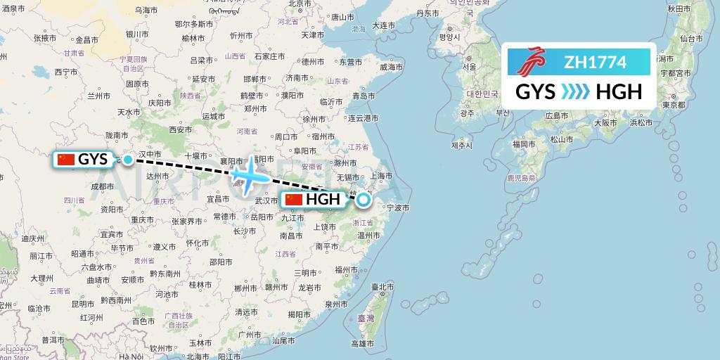 ZH1774 Shenzhen Airlines Flight Map: Guangyuan to Hangzhou