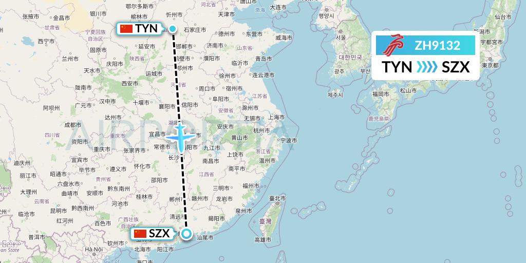 ZH9132 Shenzhen Airlines Flight Map: Taiyuan to Shenzhen