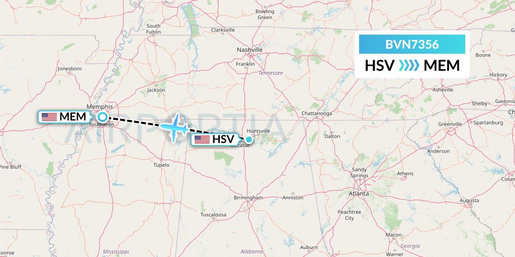 BVN7356 Baron Aviation Services Flight Map: Huntsville to Memphis