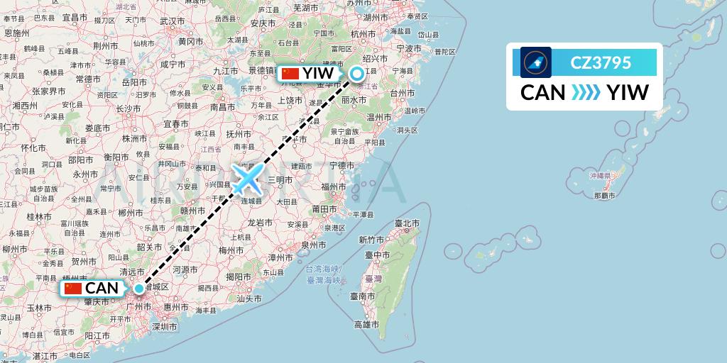 CZ3795 China Southern Airlines Flight Map: Guangzhou to Yiwu