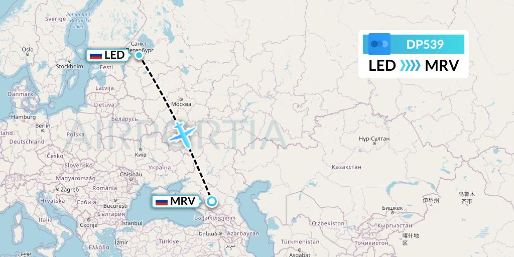 DP539 Pobeda Flight Map: St. Petersburg to Mineralnye Vody