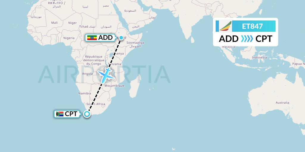 ET847 Ethiopian Airlines Flight Map: Addis Ababa to Cape Town