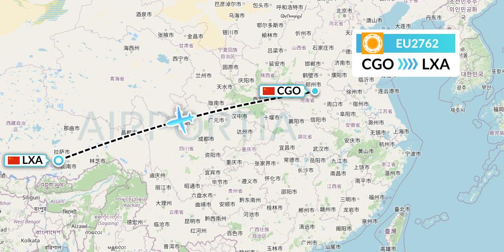 EU2762 Chengdu Airlines Flight Map: Zhengzhou to Lhasa