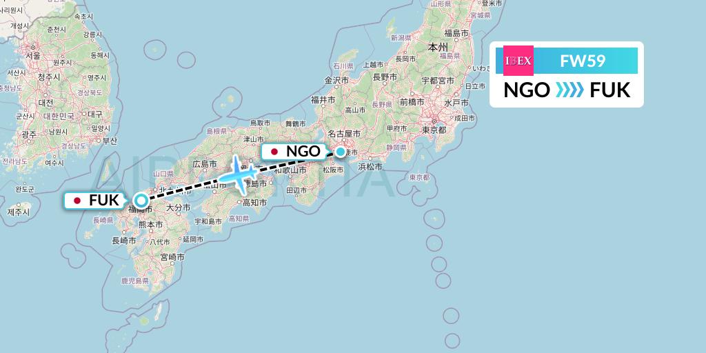 FW59 Ibex Airlines Flight Map: Nagoya to Fukuoka