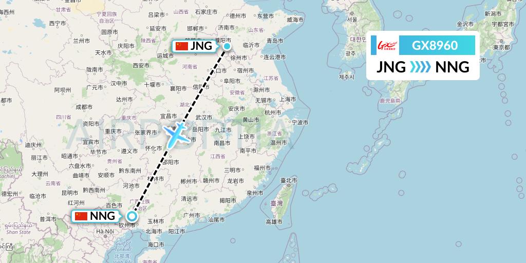 GX8960 GX Airlines Flight Map: Jining to Nanning