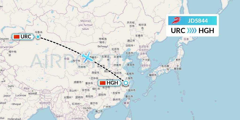 JD5844 Capital Airlines Flight Map: Urumqi to Hangzhou