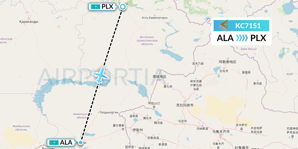 KC7151 Air Astana Flight Map: Almaty to Semipalatinsk