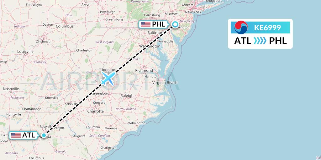 KE6999 Korean Air Flight Map: Atlanta to Philadelphia