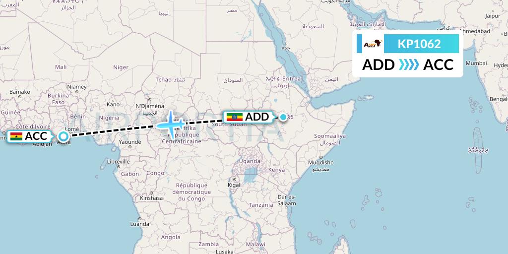 KP1062 ASKY Flight Map: Addis Ababa to Accra