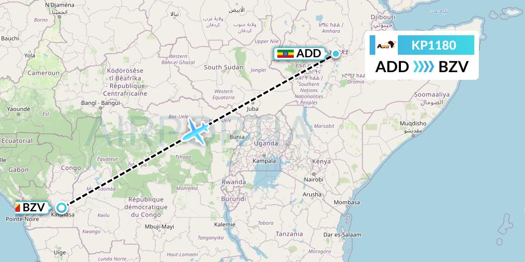 KP1180 ASKY Flight Map: Addis Ababa to Brazzaville