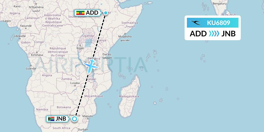 KU6809 Kuwait Airways Flight Map: Addis Ababa to Johannesburg