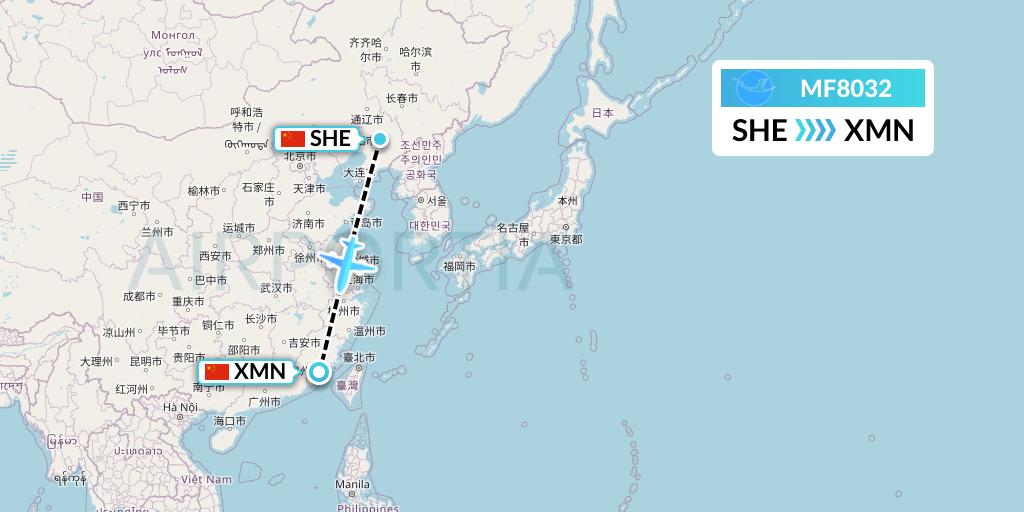 MF8032 Xiamen Airlines Flight Map: Shenyang to Xiamen