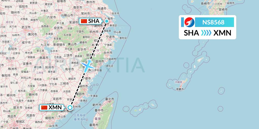 NS8568 Hebei Airlines Flight Map: Shanghai to Xiamen