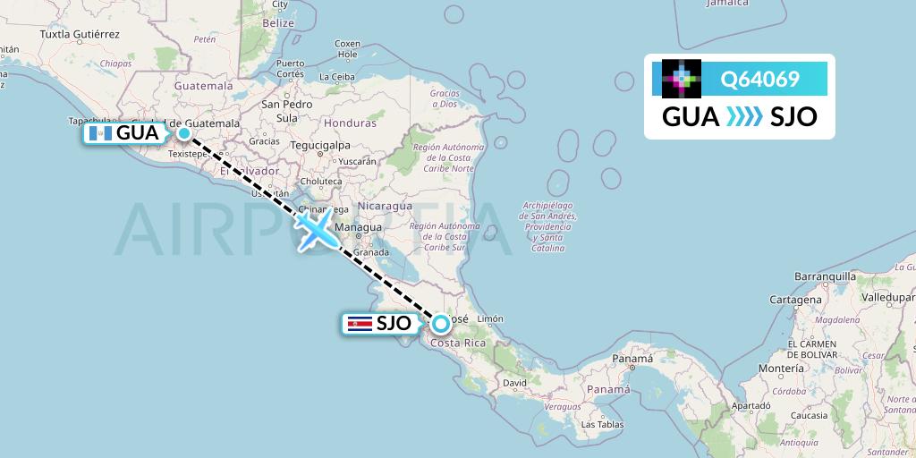 Q64069 Volaris Costa Rica Flight Map: Guatemala City to San Jose