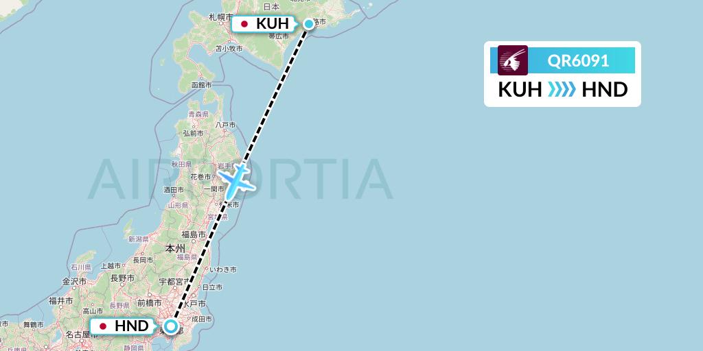 QR6091 Qatar Airways Flight Map: Kushiro to Tokyo