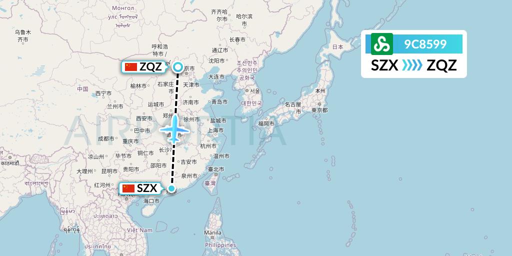 9C8599 Spring Airlines Flight Map: Shenzhen to Zhangjiakou