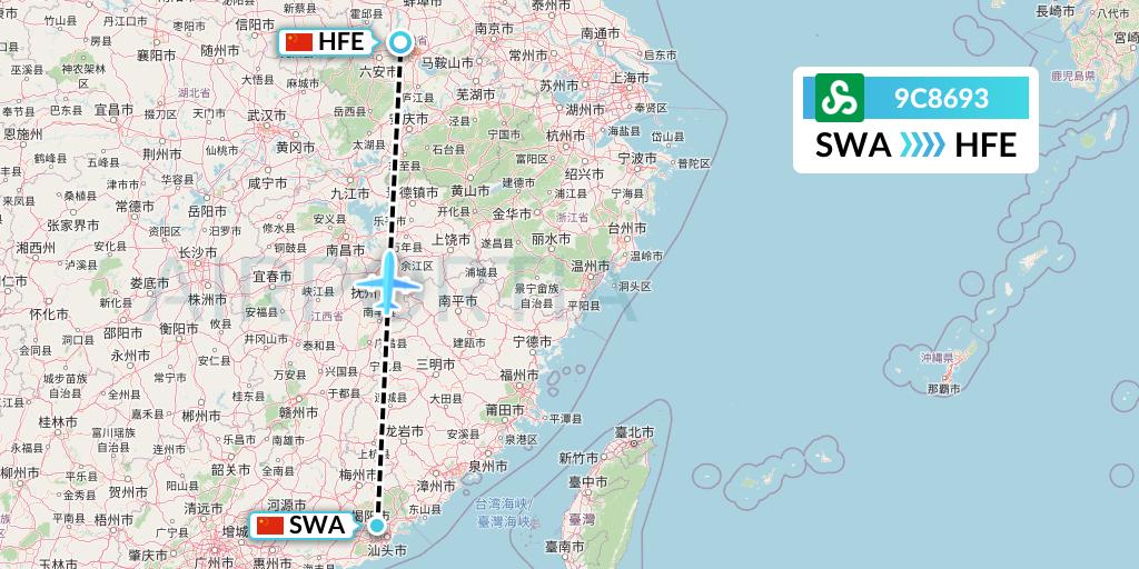 9C8693 Spring Airlines Flight Map: Jieyang to Hefei