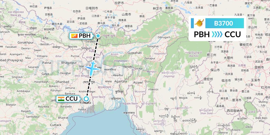 B3700 Bhutan Airlines Flight Map: Paro to Kolkata