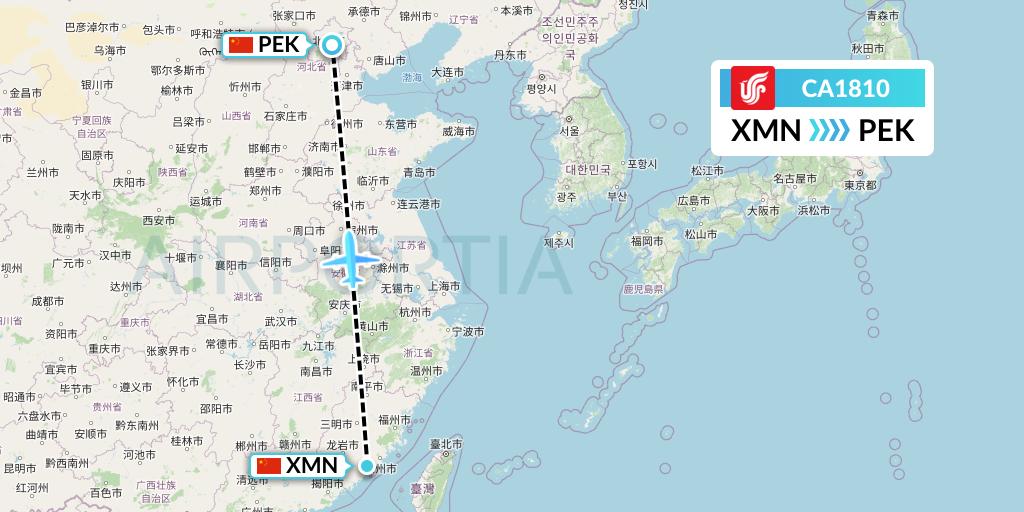 CA1810 Air China Flight Map: Xiamen to Beijing