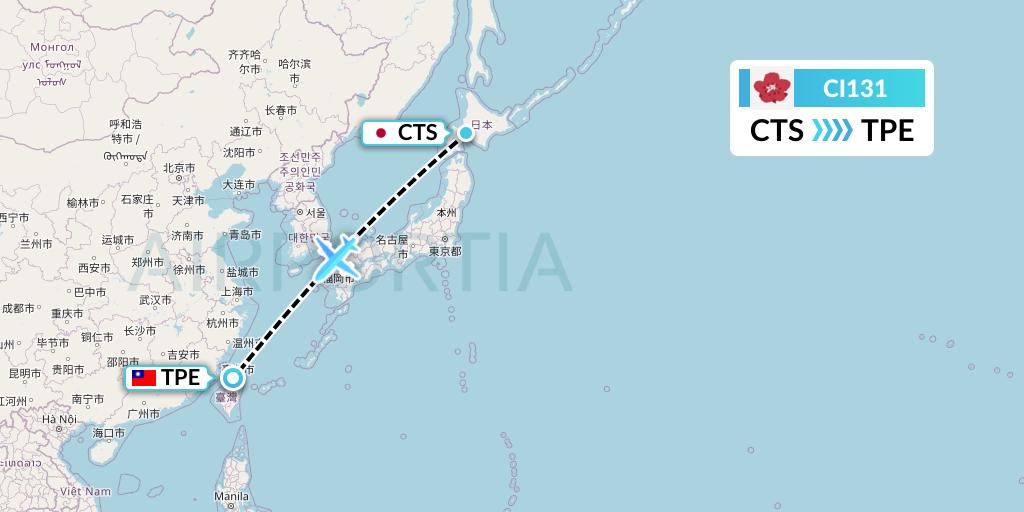 CI131 China Airlines Flight Map: Sapporo to Taipei