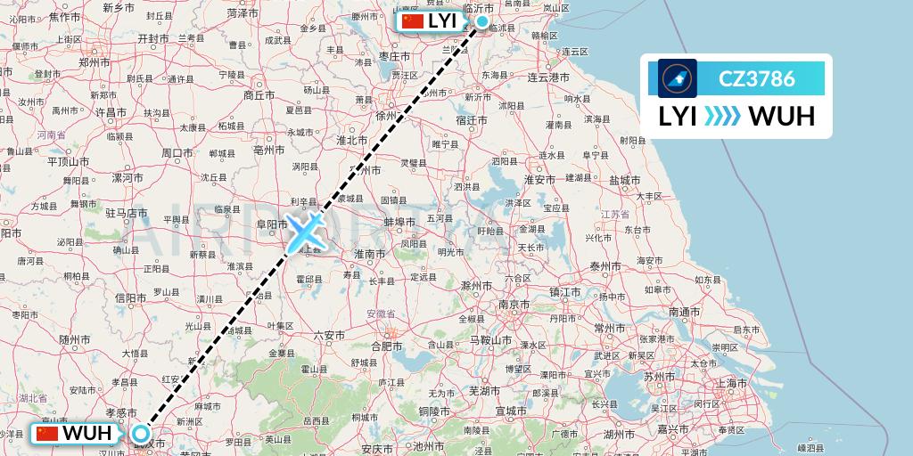CZ3786 China Southern Airlines Flight Map: Linyi to Wuhan