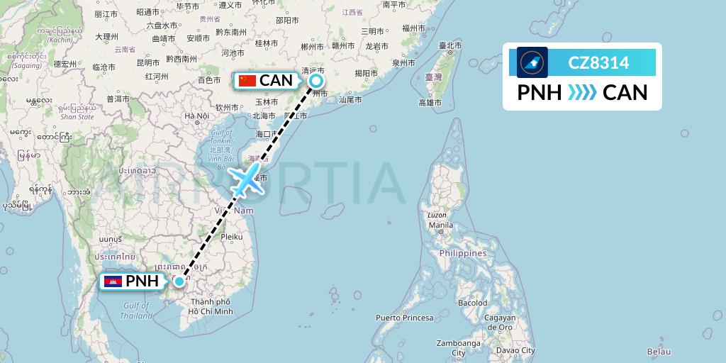 CZ8314 China Southern Airlines Flight Map: Phnom Penh to Guangzhou