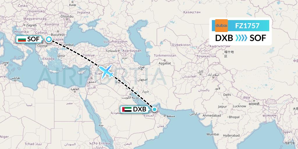 FZ1757 FlyDubai Flight Map: Dubai to Sofia