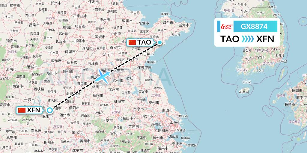 GX8874 GX Airlines Flight Map: Qingdao to Xiangyang