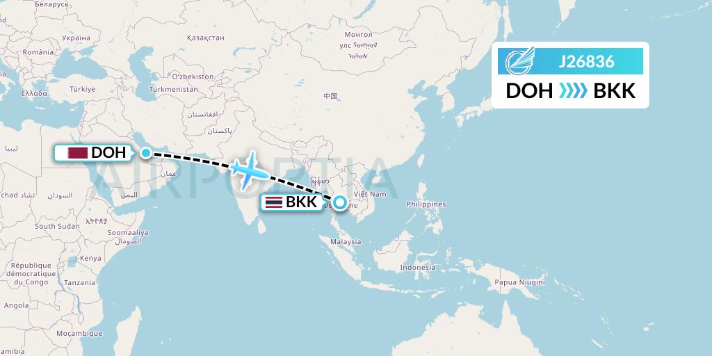 J26836 Azerbaijan Airlines Flight Map: Doha to Bangkok