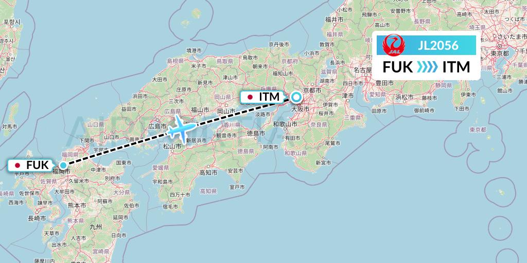 JL2056 Japan Airlines Flight Map: Fukuoka to Osaka