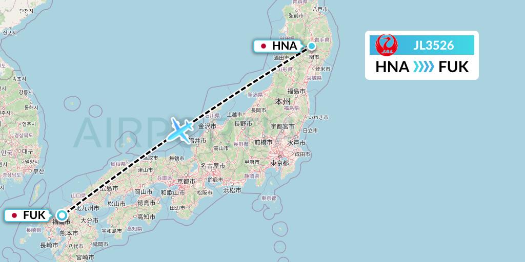 JL3526 Japan Airlines Flight Map: Hanamaki to Fukuoka