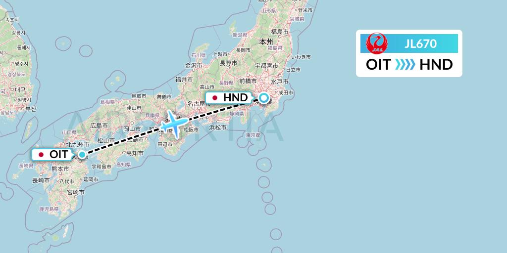 JL670 Japan Airlines Flight Map: Oita to Tokyo