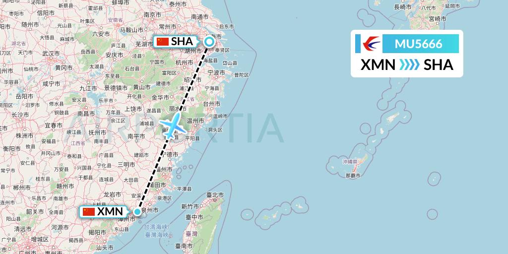 MU5666 China Eastern Airlines Flight Map: Xiamen to Shanghai