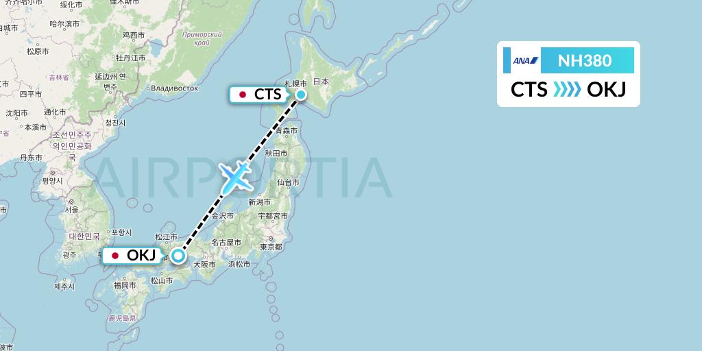 NH380 All Nippon Airways Flight Map: Sapporo to Okayama