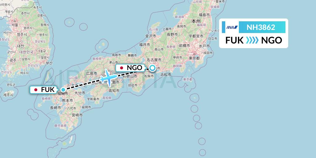 NH3862 All Nippon Airways Flight Map: Fukuoka to Nagoya