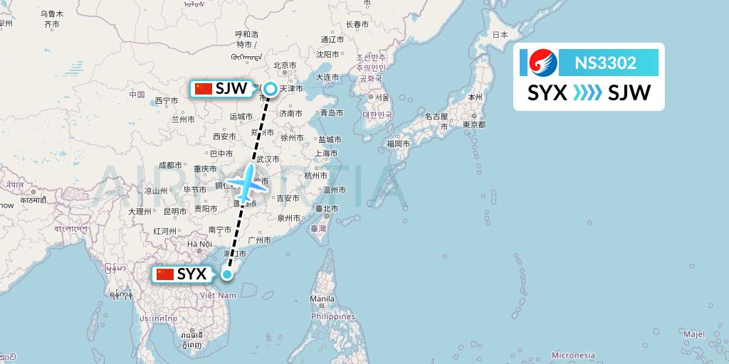 NS3302 Hebei Airlines Flight Map: Sanya to Shijiazhuang