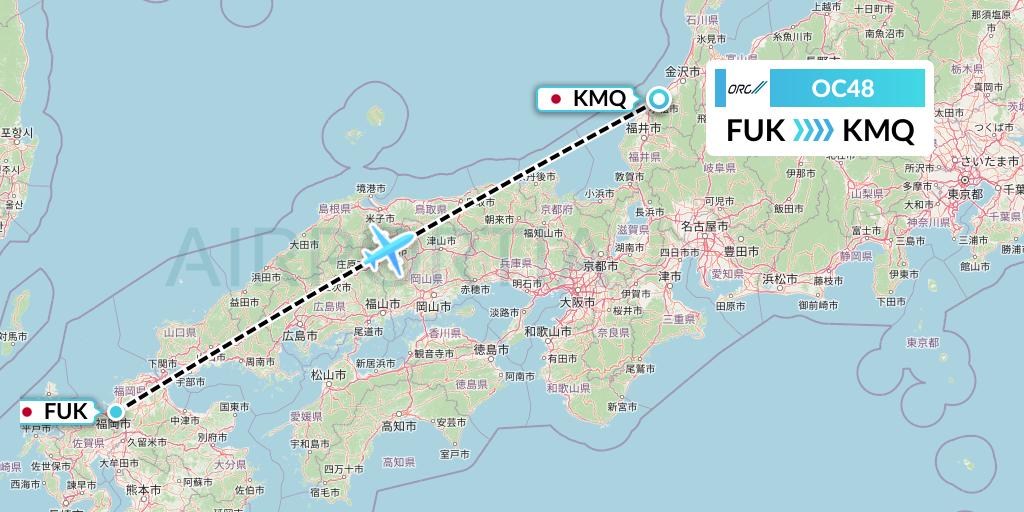 OC48 Oriental Air Bridge Flight Map: Fukuoka to Komatsu