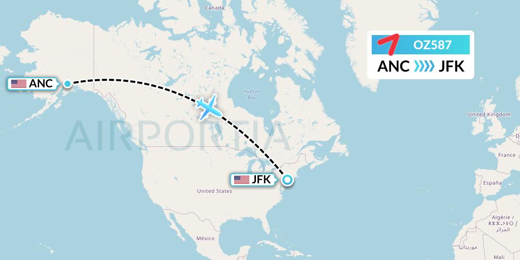 OZ587 Asiana Airlines Flight Map: Anchorage to New York